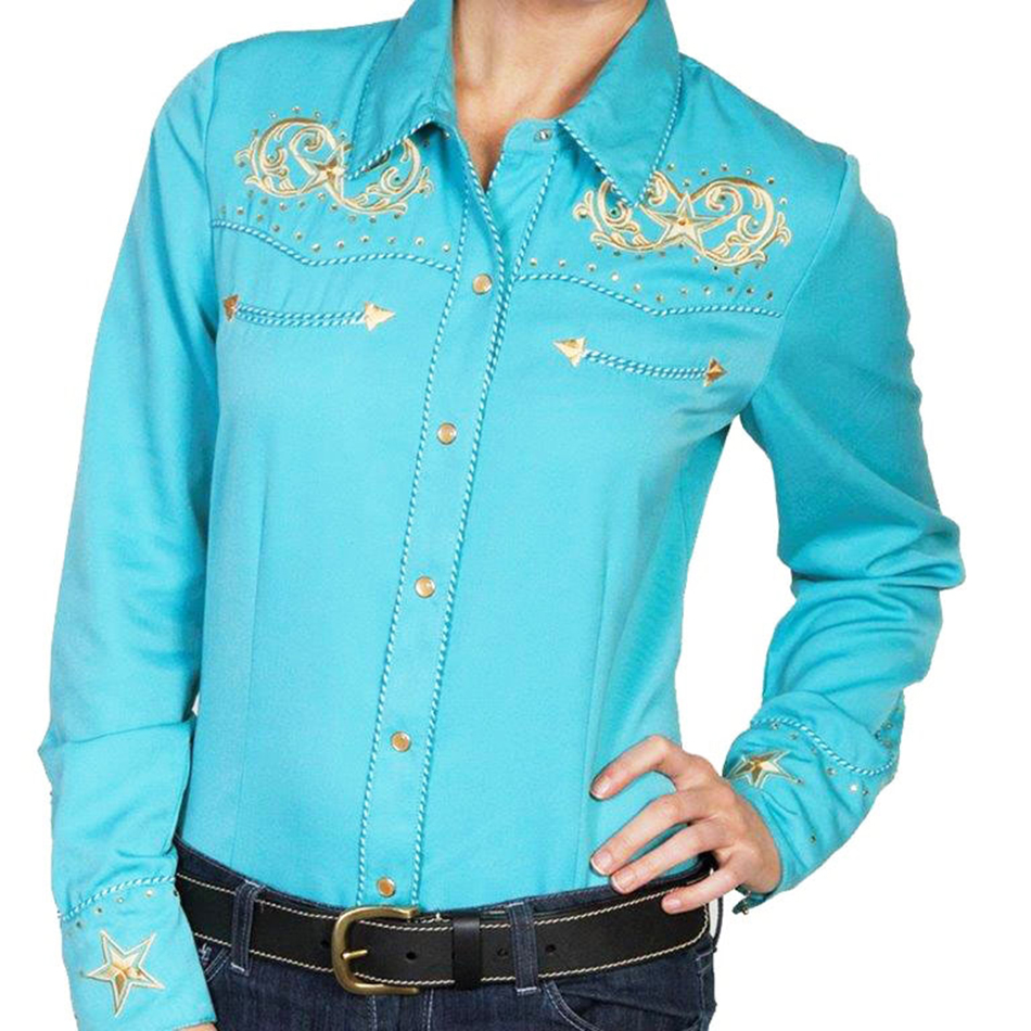 スカリー 刺繍 ウエスタン シャツ（長袖/ターコイズ・スター）/Scully Long Sleeve Western Shirt(Women's)